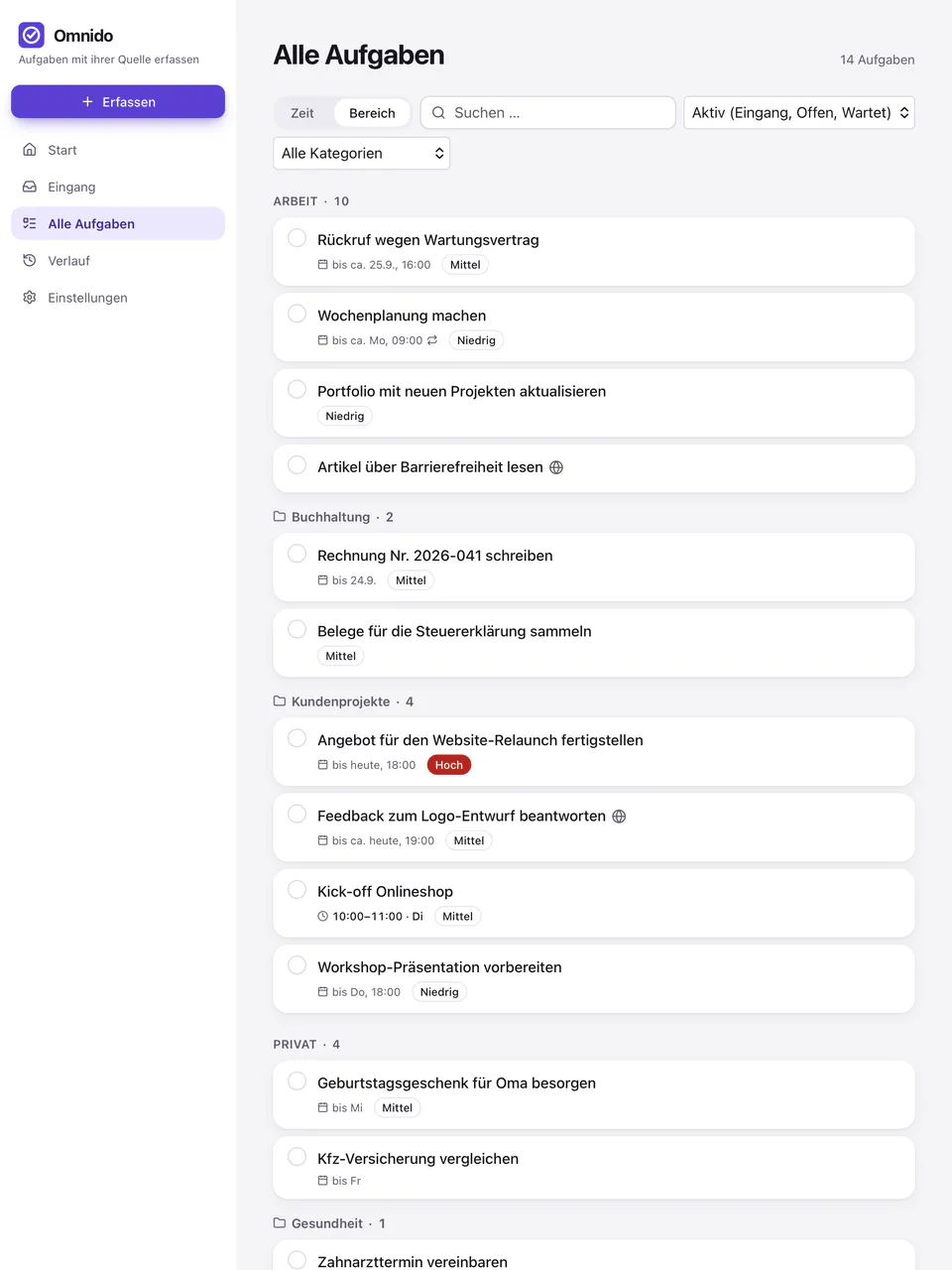 “Alle Aufgaben” (all tasks) grouped by area: work, accounting, client projects, 14 tasks in total.