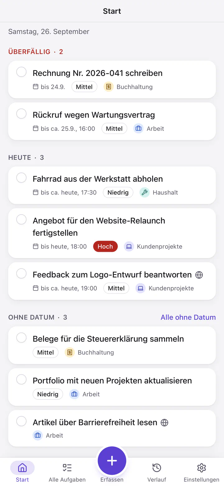 Omnido-Startseite mit den Aufgaben nach Fälligkeit: zwei überfällige, drei für heute, drei ohne Datum, jeweils mit Priorität und Kategorie.