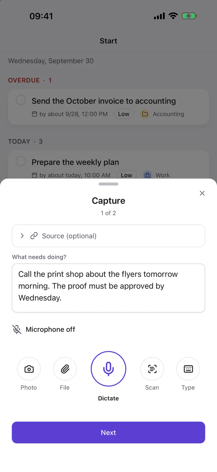 “Capture” dialog with the text “Call the print shop about the flyers tomorrow morning. The proof must be approved by Wednesday.” and an optional source field.