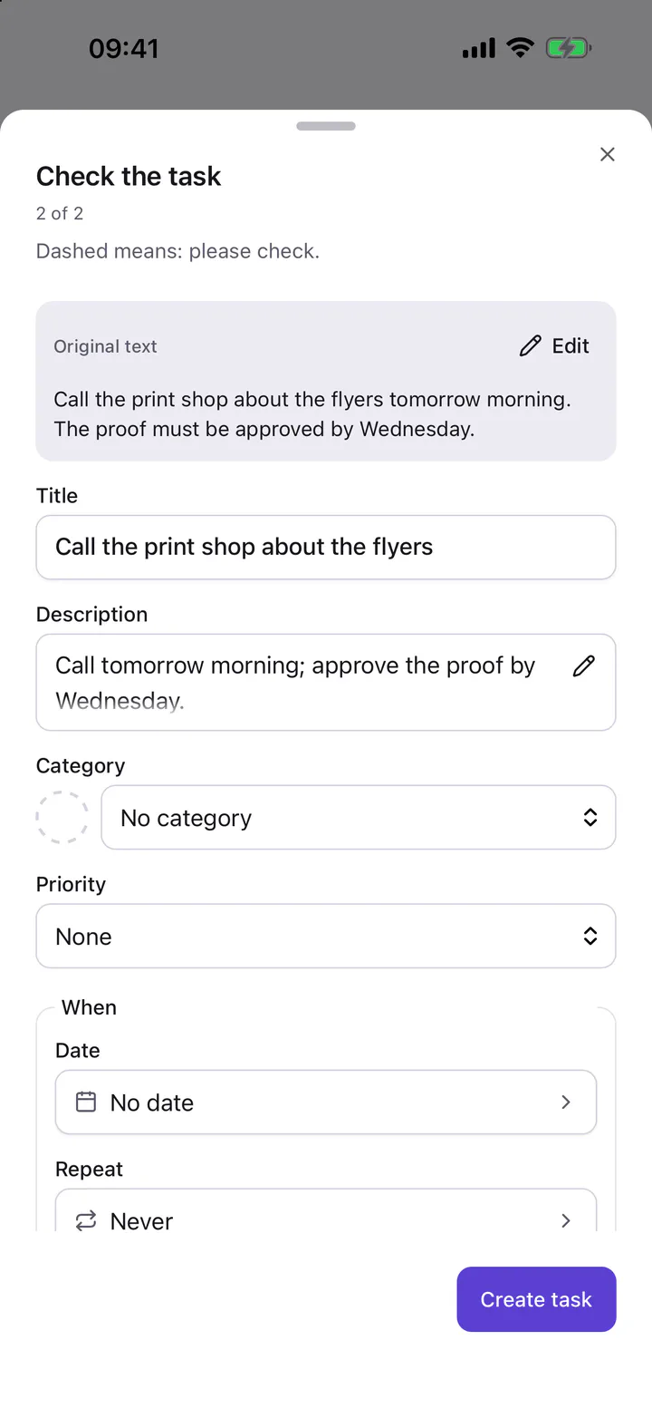 “Check the task”: Omnido suggests the title “Call the print shop about the flyers” and a description; category, priority and date are still empty. The original text is shown above.