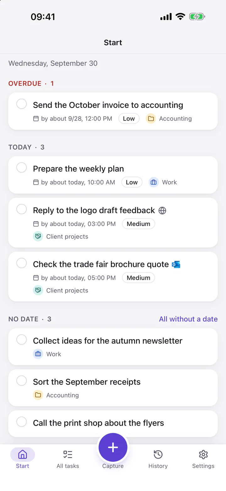 Start screen: one overdue, three due today and three undated tasks, the new “Call the print shop about the flyers” at the bottom.