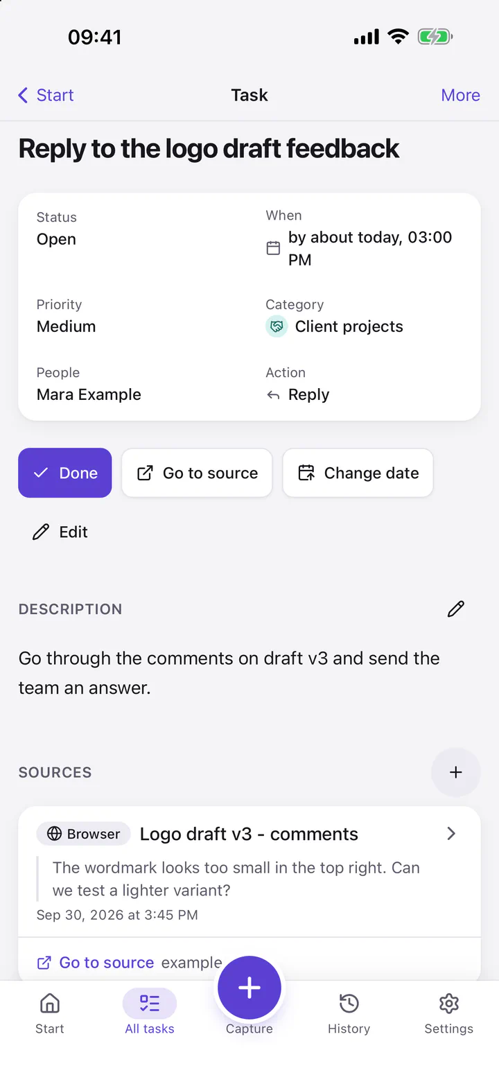Task “Reply to the logo draft feedback” with a browser source and the “Go to source” and “Change date” buttons.