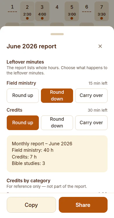 Rapport de juin 2026, capture en anglais : minutes restantes avec les boutons pour arrondir vers le haut, vers le bas ou reporter ; rapport du mois avec 40 heures de prédication, 7 heures créditées et 3 cours bibliques, avec Copier et Partager en dessous