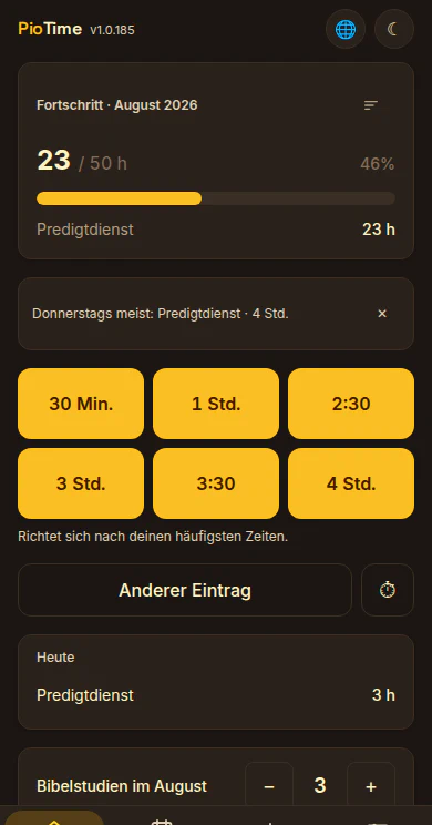 PioTime-Startbildschirm in dunkler Darstellung