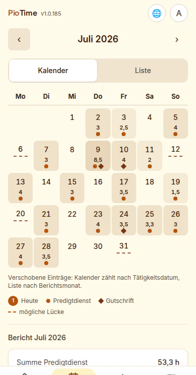 Monatskalender Juli 2026 mit markierten Predigtdienst-Tagen und Stundenzahlen