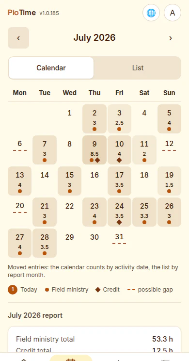 Monthly calendar for July 2026 with marked ministry days and hour totals