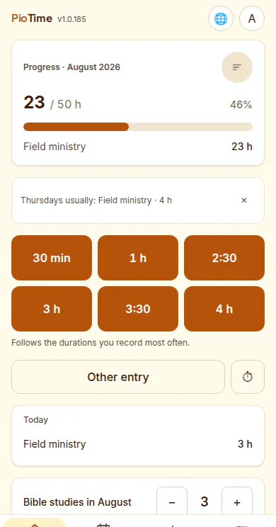 PioTime start screen with a progress bar at 23 of 50 hours and quick buttons for frequent durations