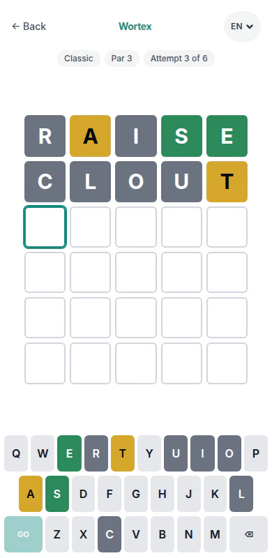 Game board with two guessed words, their letters colored green, yellow and grey