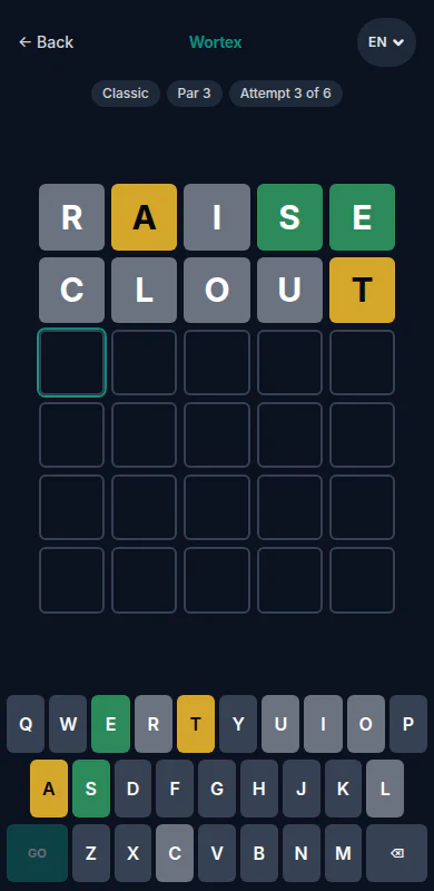 Wortex game board in dark mode with colored letters